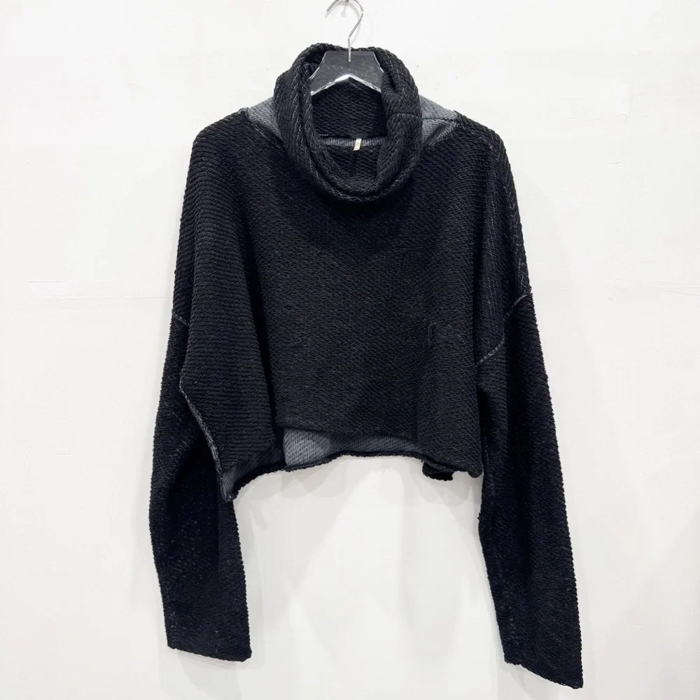 Free People Turtleneck Crop Knit Wide Sleeve Sweater Top Black Gray X-Small